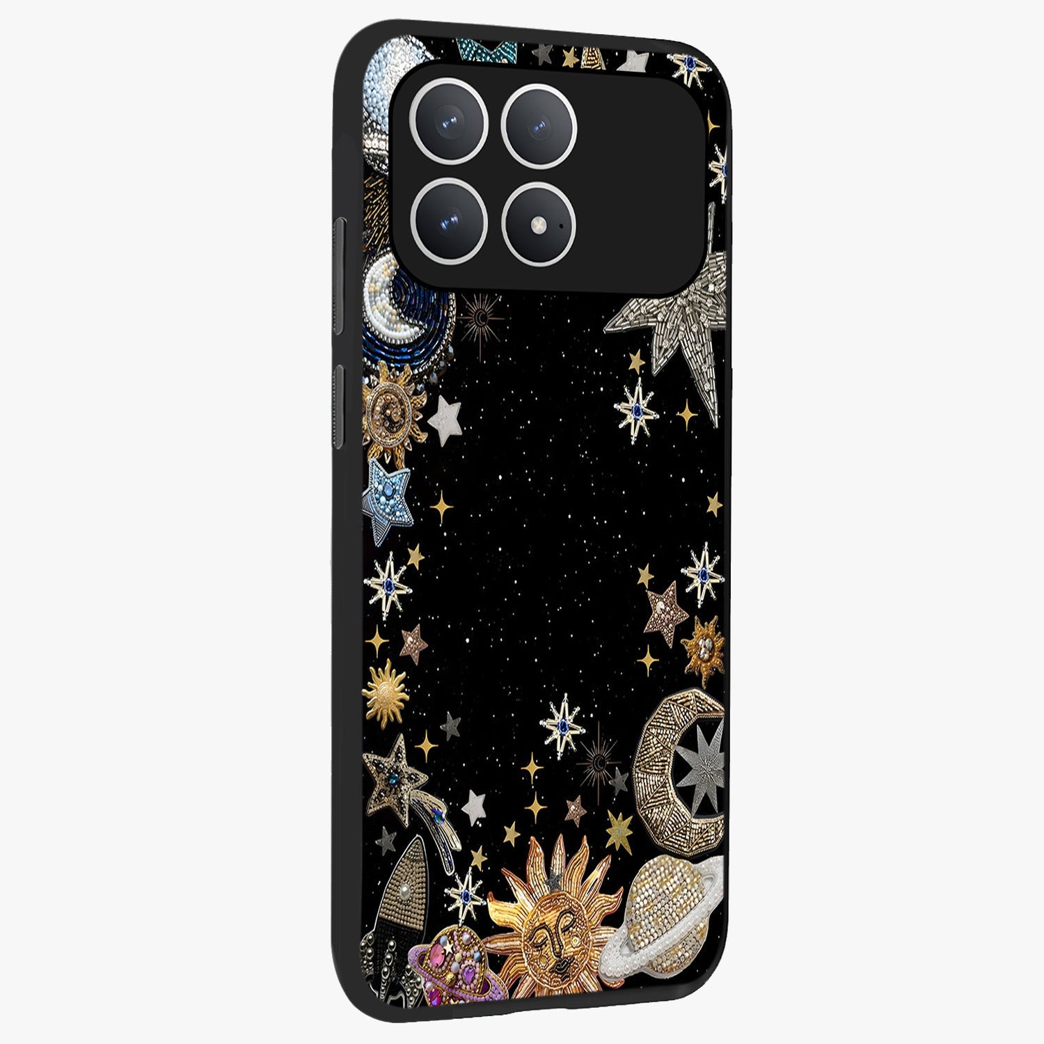 Galactic Jewel Stars Glass Case upright view showcasing glittering star jewel artwork with vibrant galaxy theme.