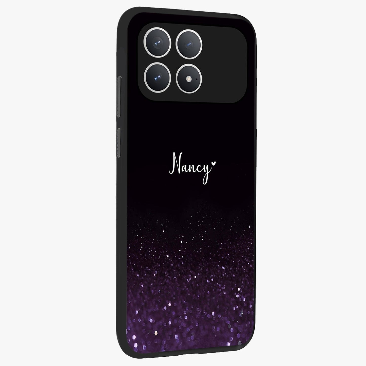 Glittery Purple Bokeh Custom Name Glass Case upright view showcasing vibrant purple sparkle artwork with personalized aesthetic style.