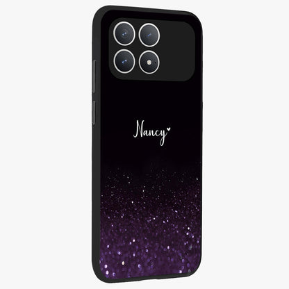 Glittery Purple Bokeh Custom Name Glass Case upright view showcasing vibrant purple sparkle artwork with personalized aesthetic style.
