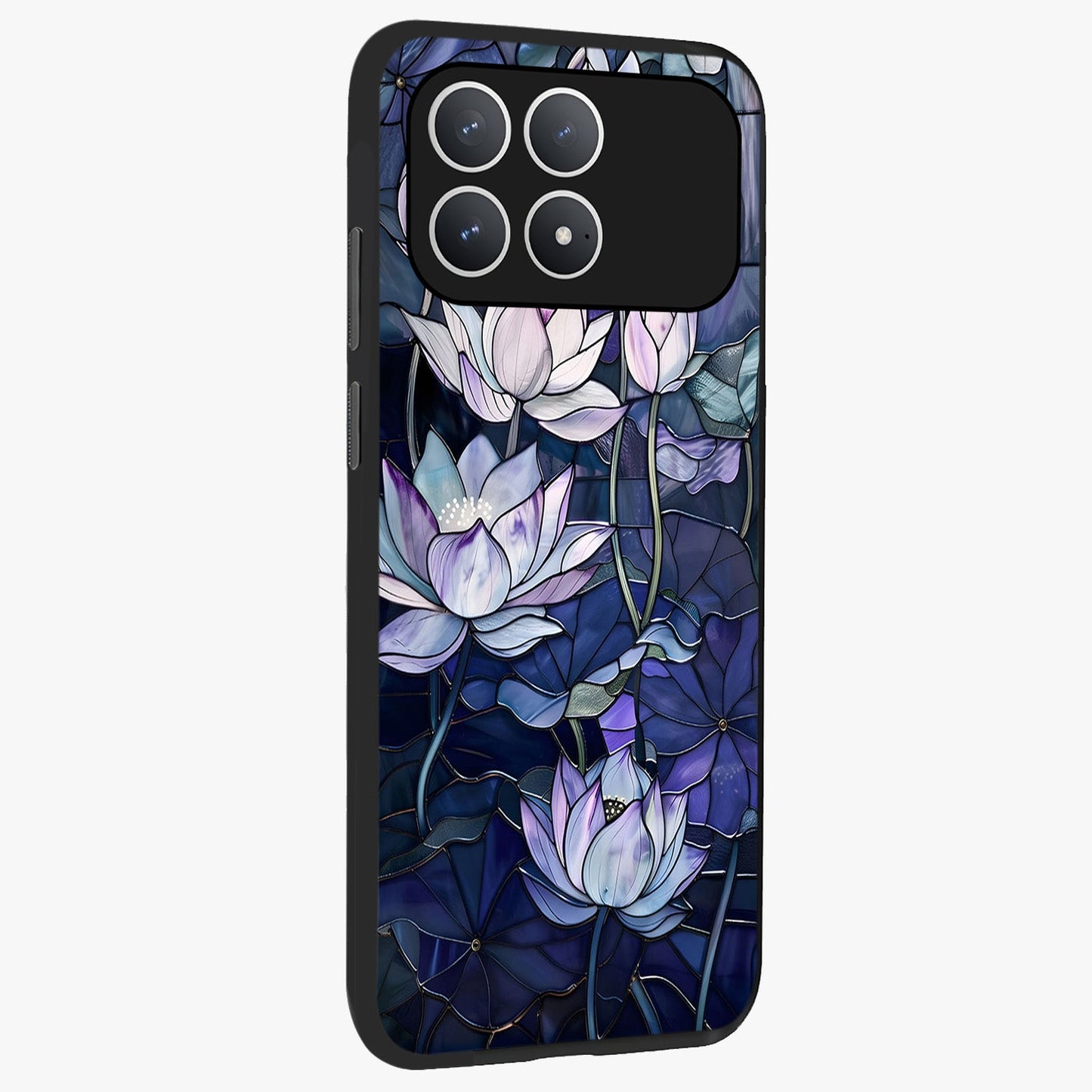 Gloss Petal Rush Glass Case upright view showcasing dynamic floral petal artwork with modern botanical theme.