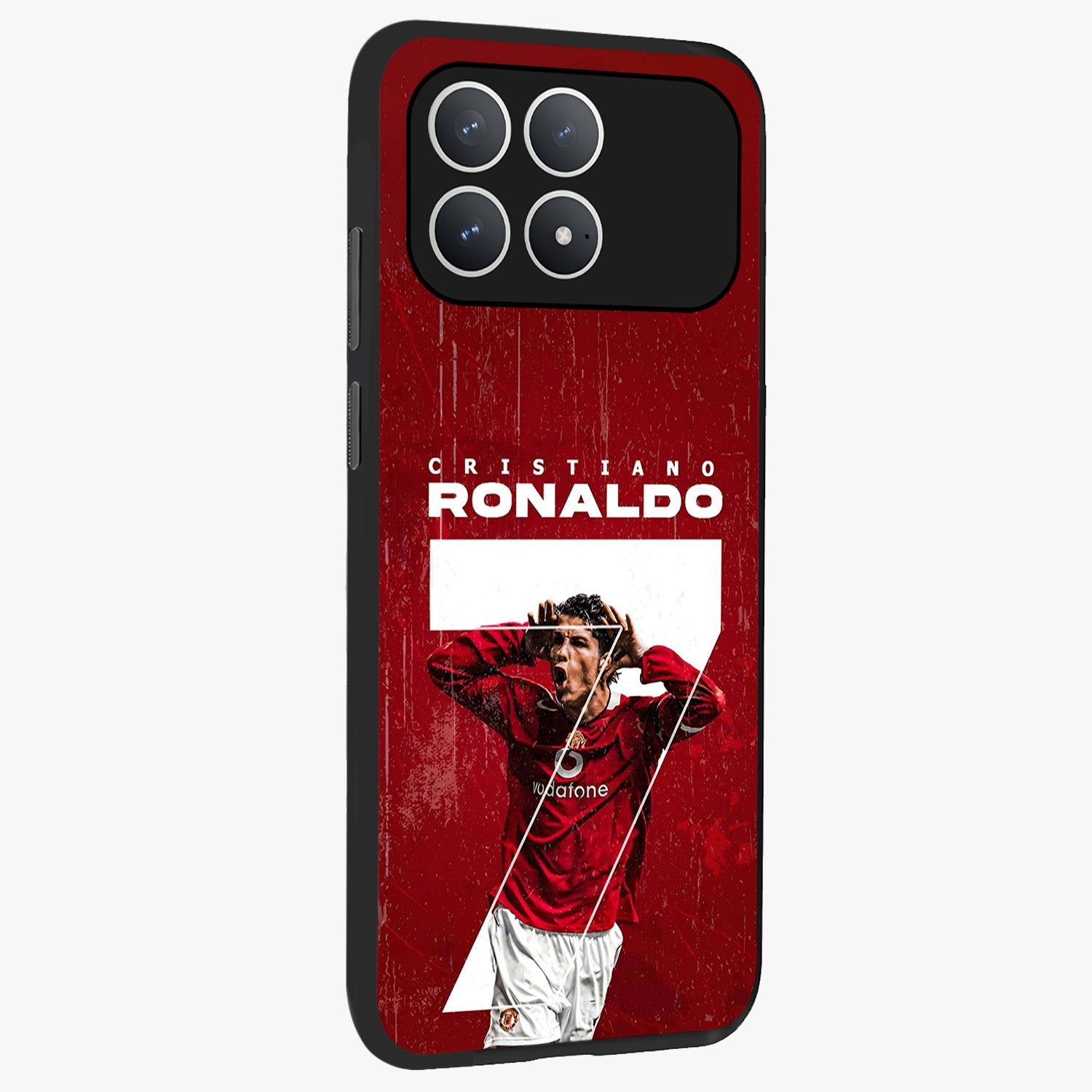 Goal Celebration Legacy Glass Case upright view showcasing dynamic football inspired artwork with victory celebration aesthetic.