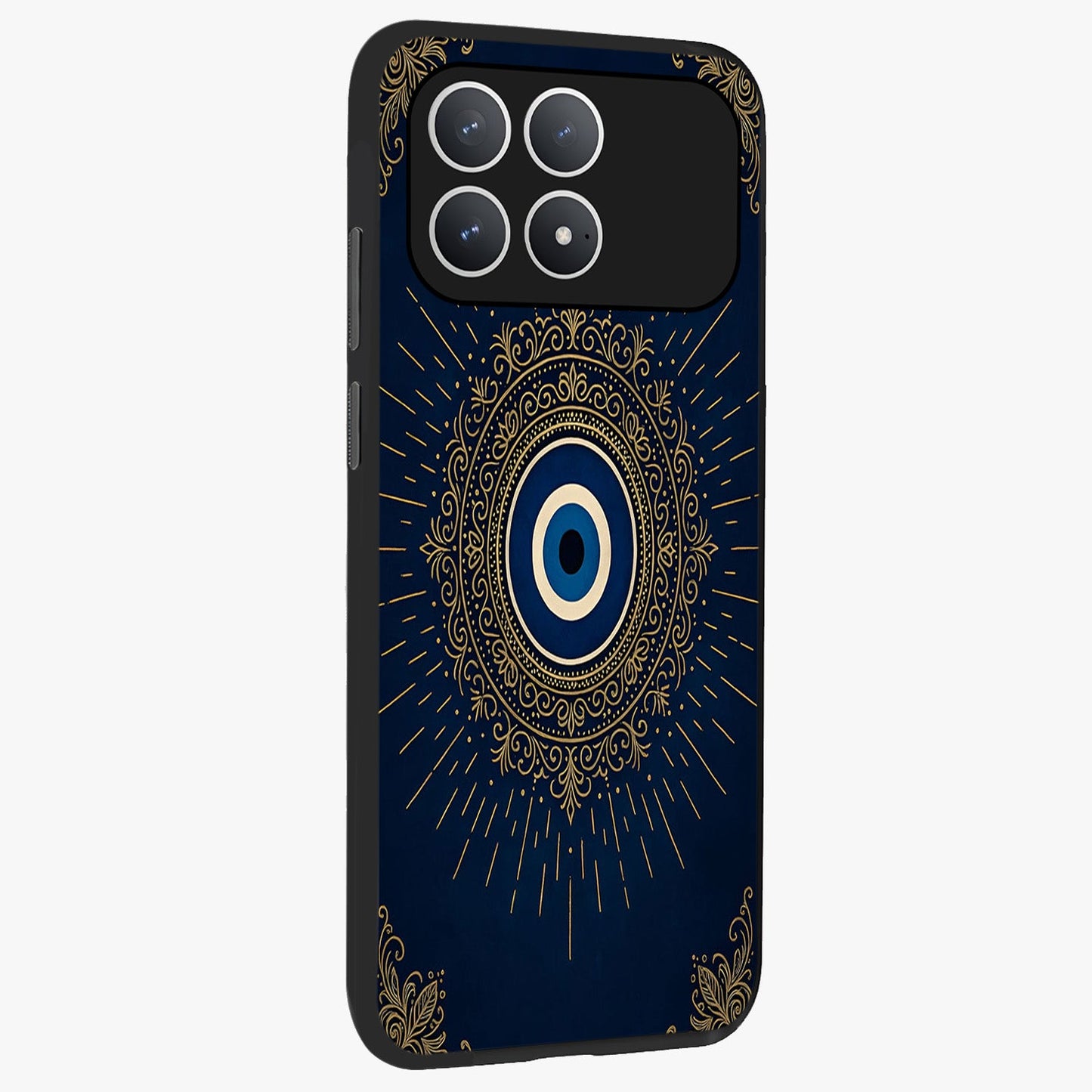 Golden Celestial Charm Glass Case upright view showcasing radiant celestial artwork with elegant golden theme.