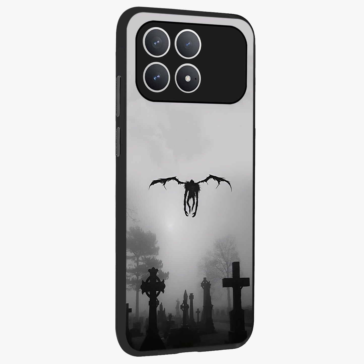 Graveyard Shadow Descent Glass Case upright view showcasing haunting graveyard artwork with dramatic dark theme.