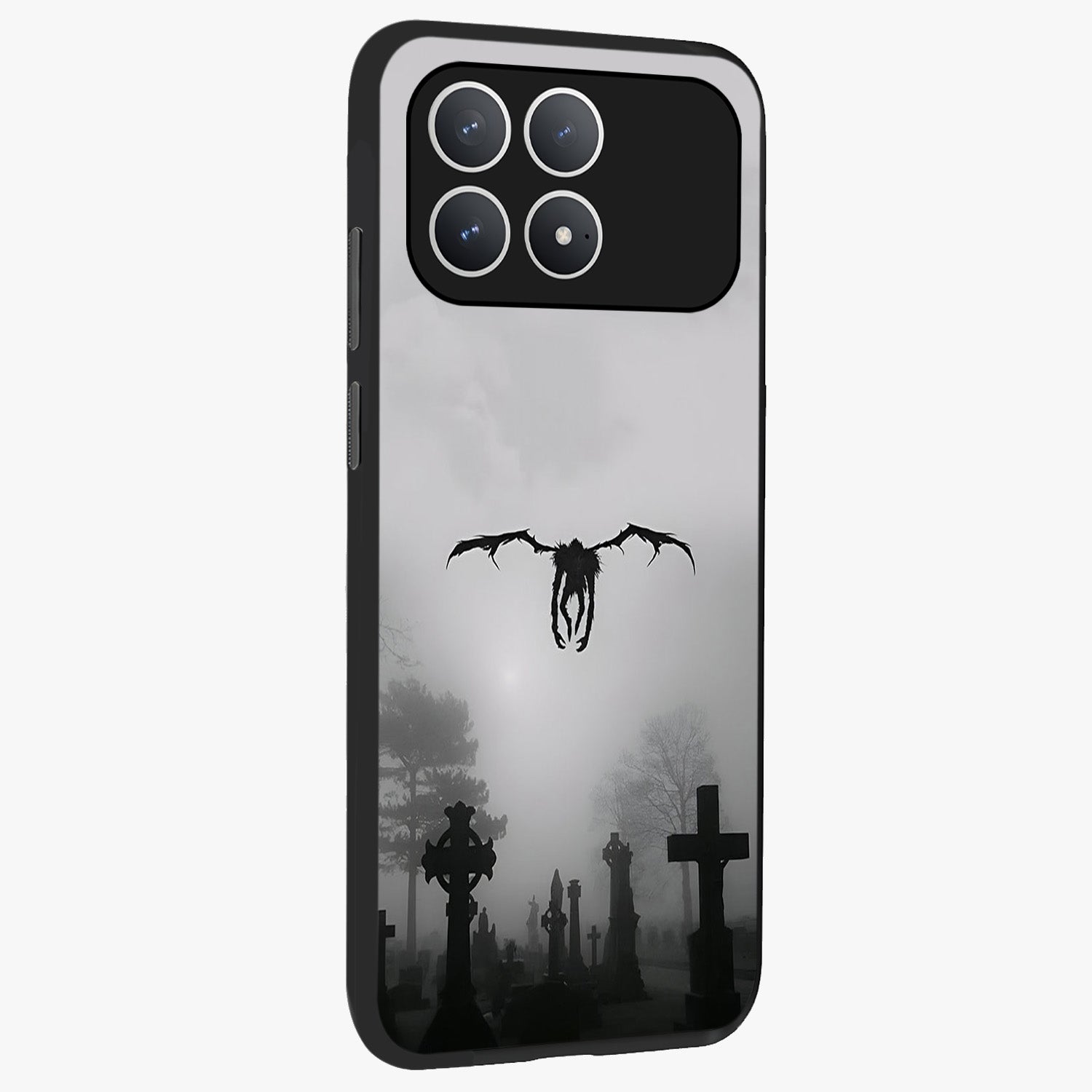 Graveyard Shadow Descent Glass Case upright view showcasing haunting graveyard artwork with dramatic dark theme.