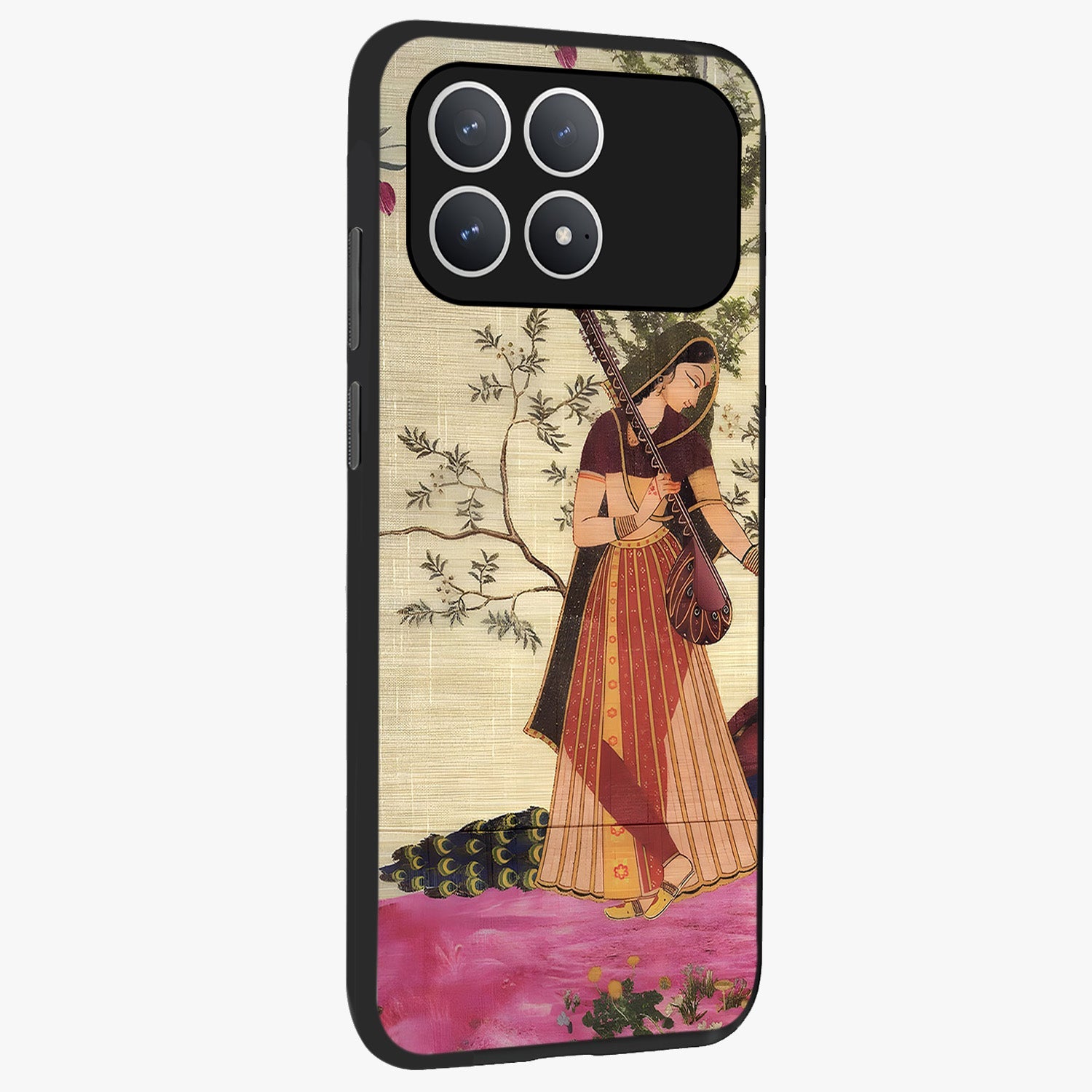 Lady With Veena Art Glass Case upright view showcasing classical veena artwork with traditional artistic theme.