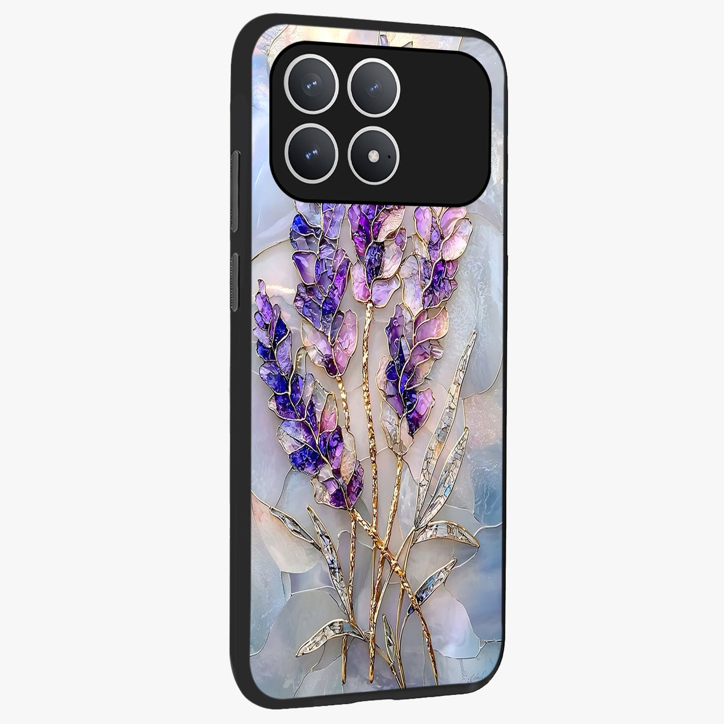 Lavender Dream Glow Glass Case upright view showcasing radiant lavender glow artwork with calming dreamy theme.