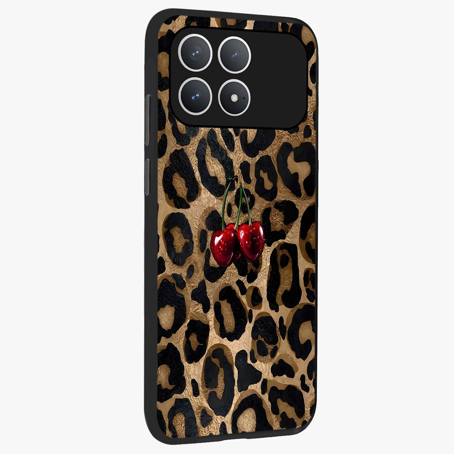 Leopard Wild Cherry Glass Case upright view showcasing stylish leopard pattern artwork with trendy fashion theme.