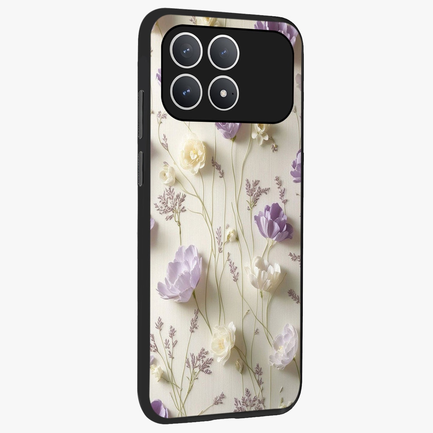 Lilac Breeze Harmony Glass Case upright view showcasing delicate lilac artwork with peaceful floral theme.