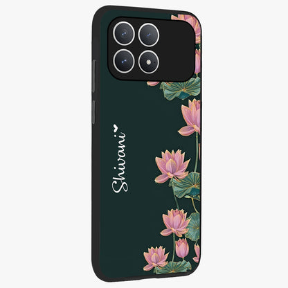 Lotus Bloom Serenity Custom Name Glass Case upright view showcasing serene lotus bloom artwork with personalized floral aesthetic.