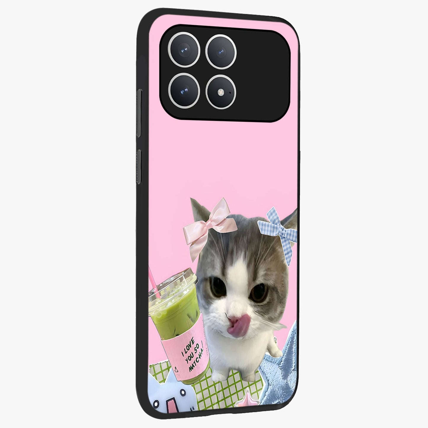 Love Matcha Cat Glass Case upright view showcasing adorable cat artwork with charming matcha themed design.