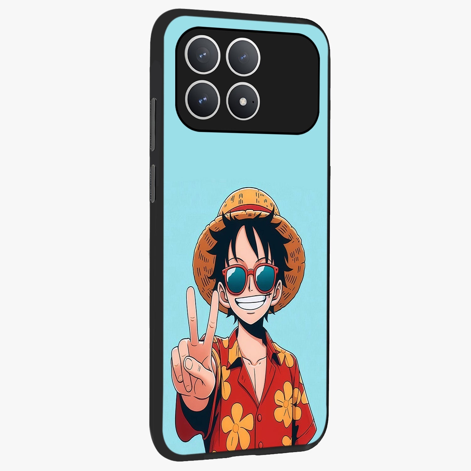 Luffy Summer Anime Vibe Glass Case upright view showcasing dynamic anime artwork with bright adventurous theme.