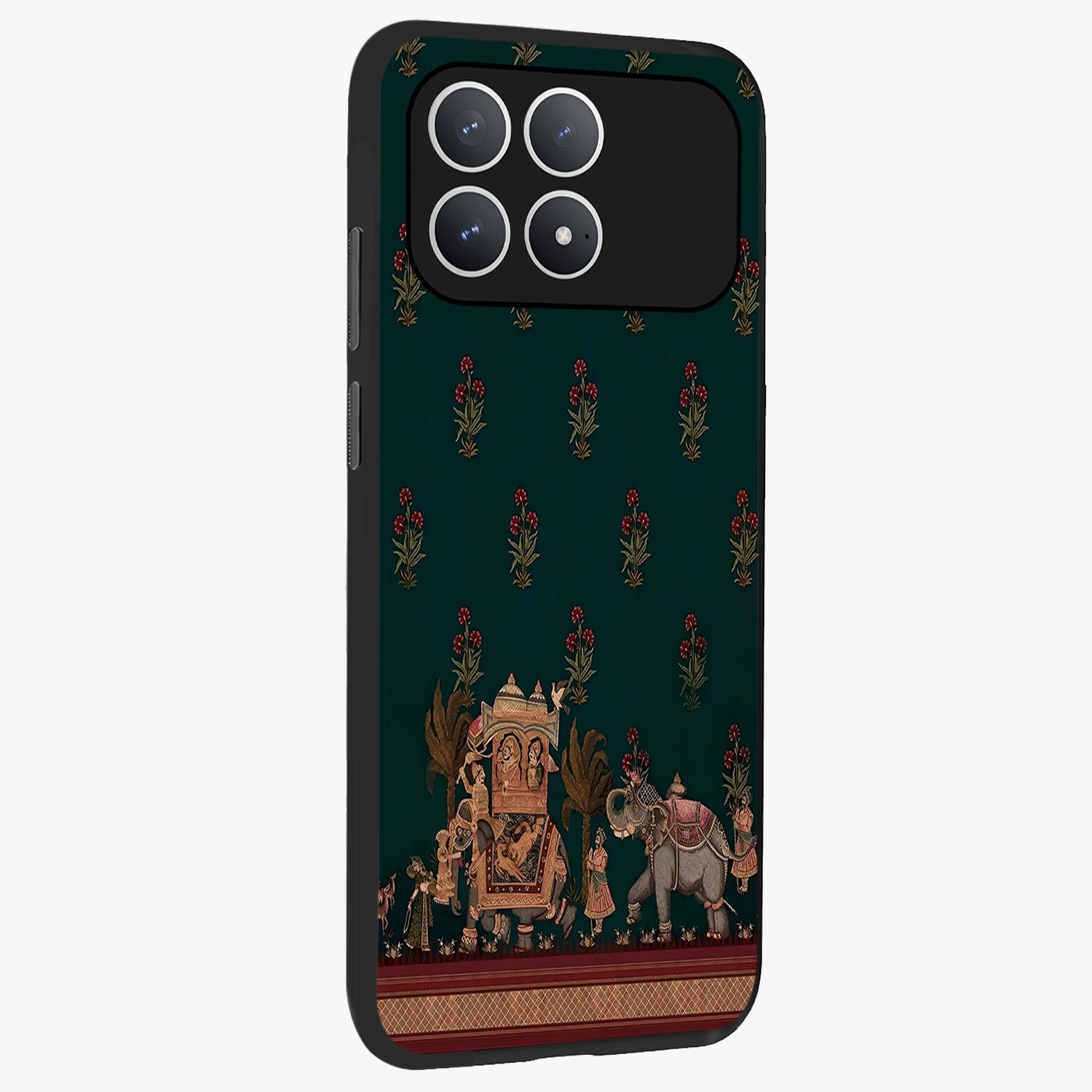 Macmerise Glass Case upright view showcasing bold artistic artwork with contemporary design theme.