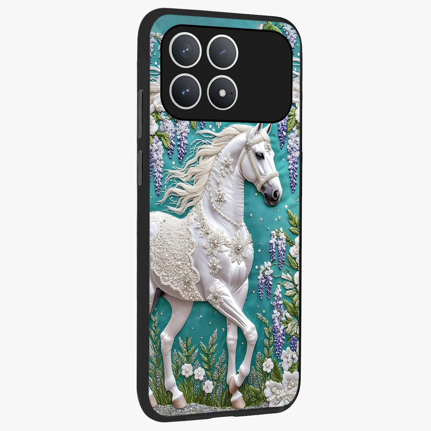 Majestic Floral Stallion Glass Case upright view showcasing dramatic horse artwork with decorative floral theme.