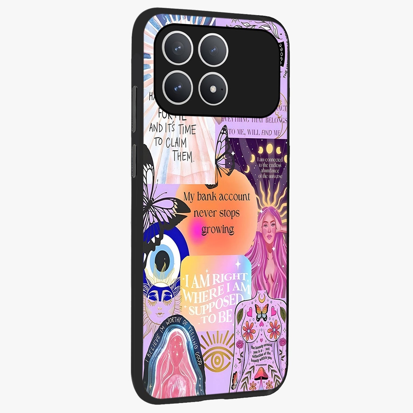 Manifestation Collage Glass Case upright view showcasing artistic manifestation themed artwork with creative style.