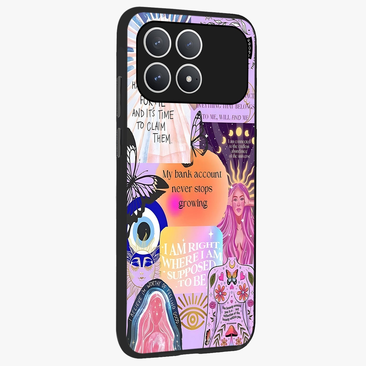 Manifestation Collage Glass Case upright view showcasing artistic manifestation themed artwork with creative style.