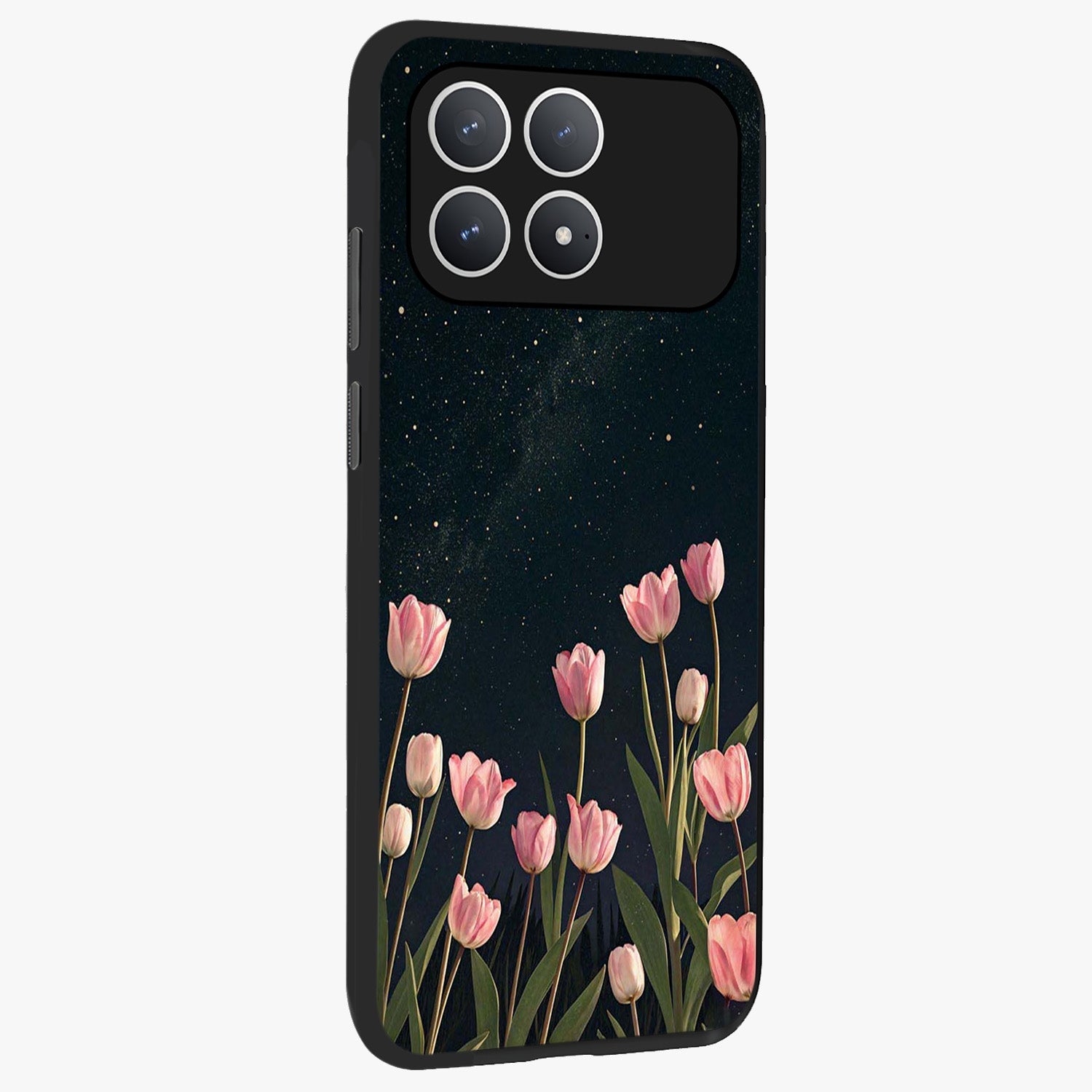 Midnight Tulip Whispers Vibe Glass Case upright view showcasing graceful tulip artwork with calm botanical theme.