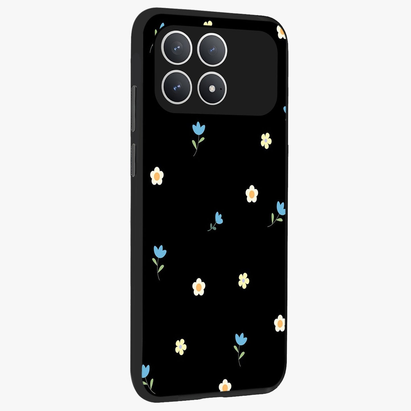 Minimal Petal Whispers Glass Case upright view showcasing elegant floral artwork with modern minimalist style.