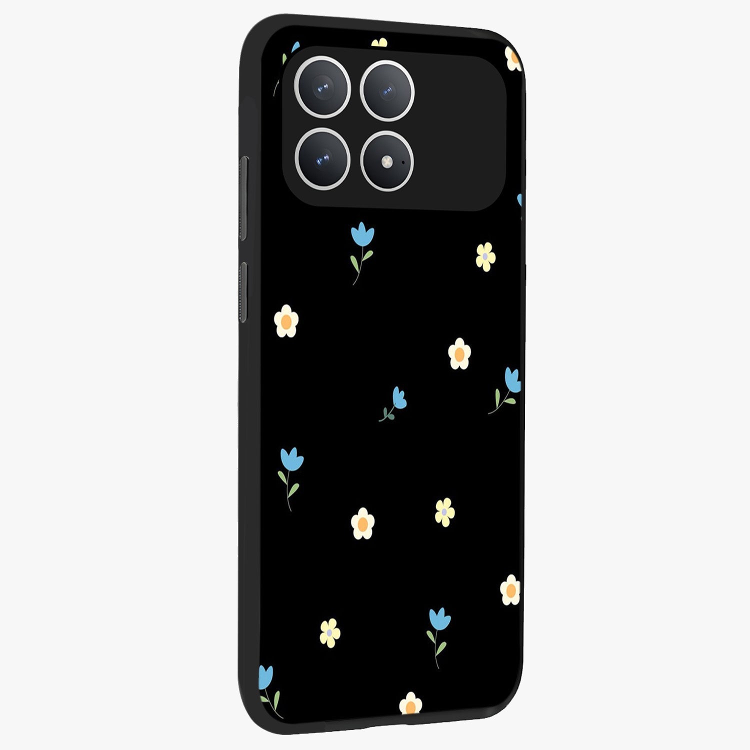 Minimal Petal Whispers Glass Case upright view showcasing elegant floral artwork with modern minimalist style.