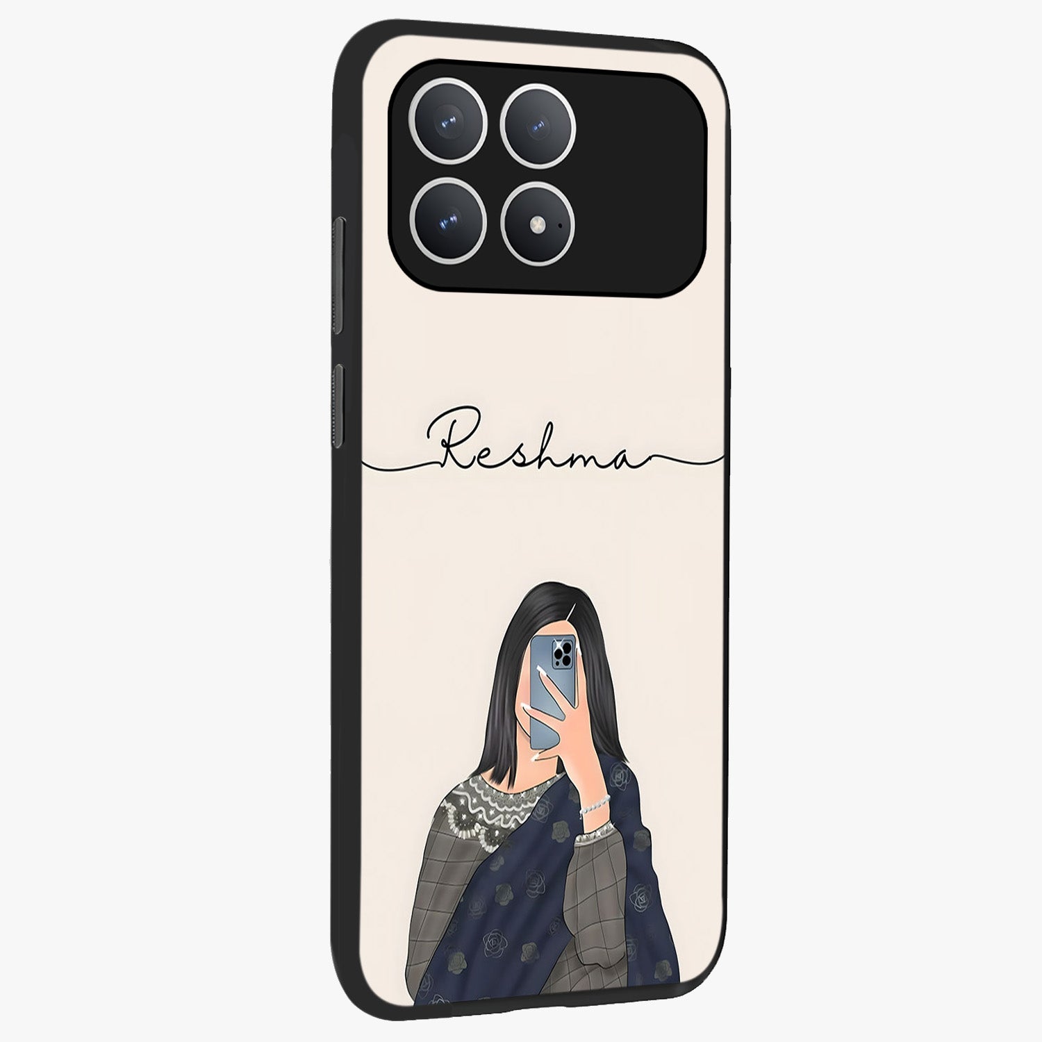 Mirror Mood Muse With Custom Name Glass Case upright view showcasing artistic mirror themed artwork with personalized aesthetic.