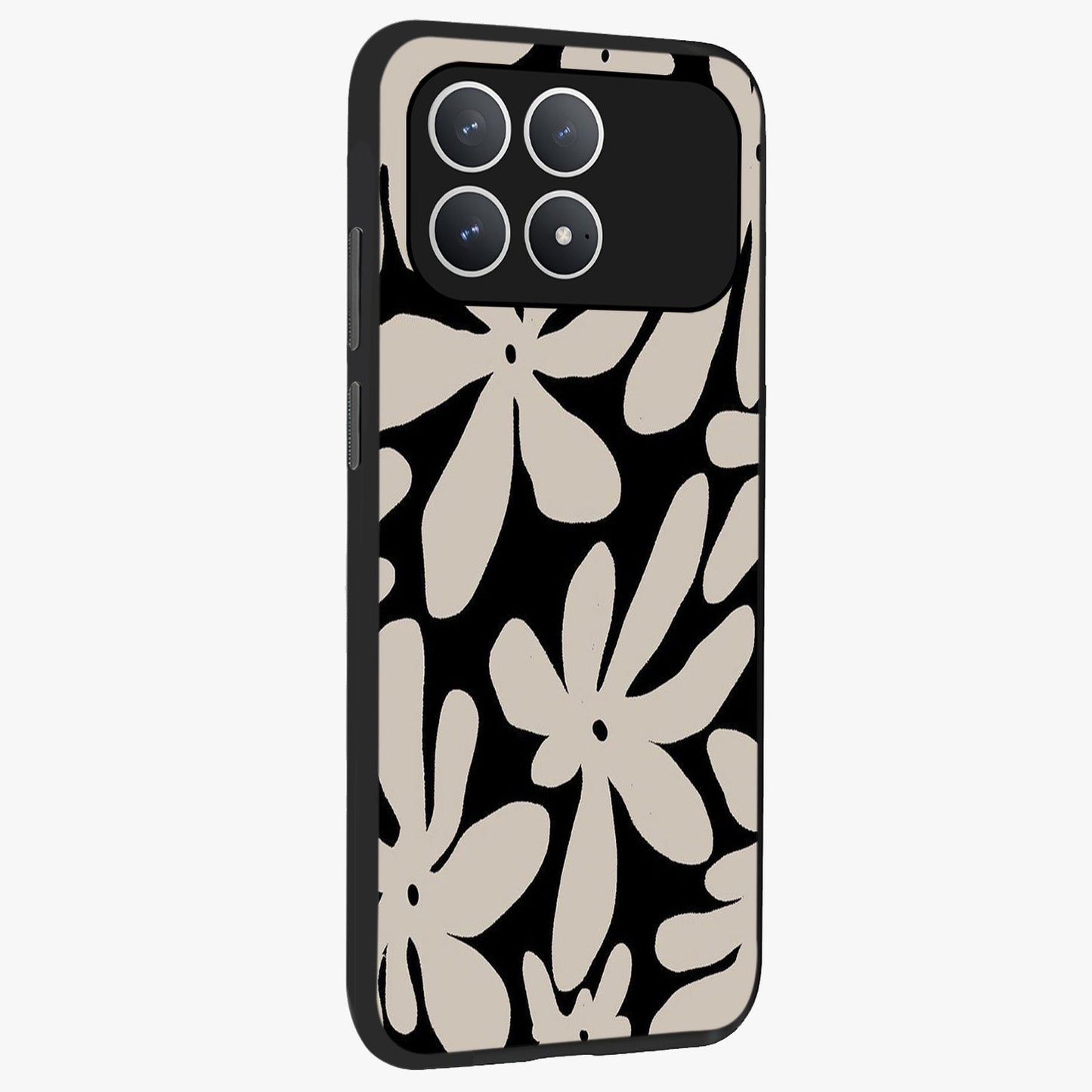 Monochrome Petal Dance Glass Case upright view showcasing artistic floral pattern with stylish monochrome theme.