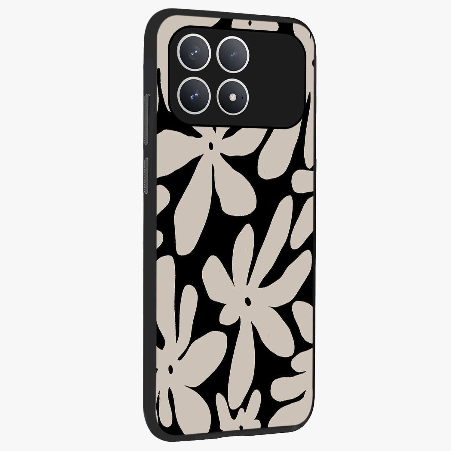 Monochrome Petal Dance Glass Case upright view showcasing artistic floral pattern with stylish monochrome theme.