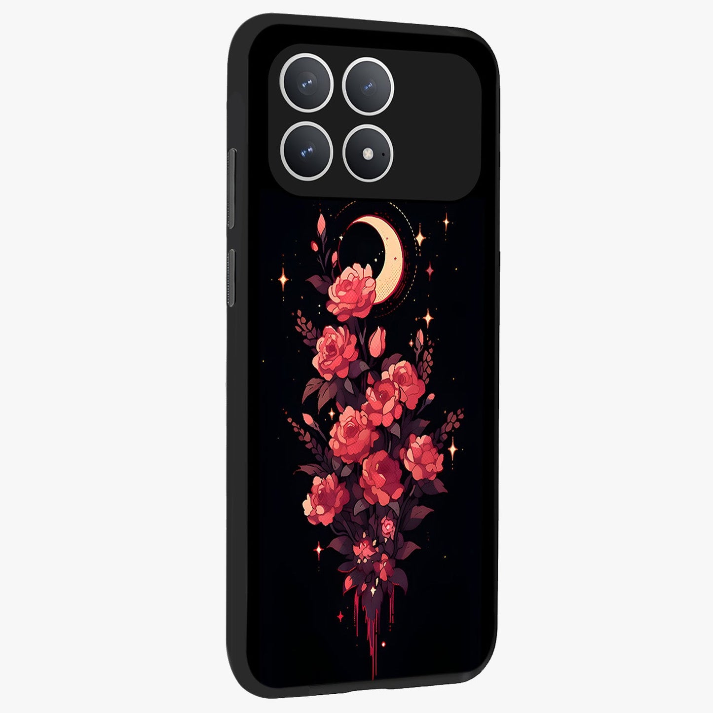 Moonlit Floral Elegance Glass Case upright view showcasing delicate floral artwork with refined night inspired theme.