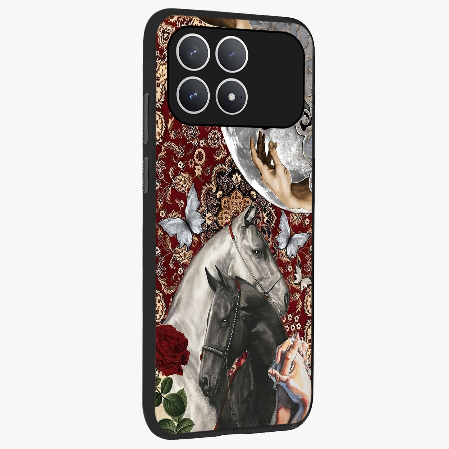 Moonlit Royal Stallion Glass Case upright view showcasing dramatic horse artwork with glowing moon themed design.