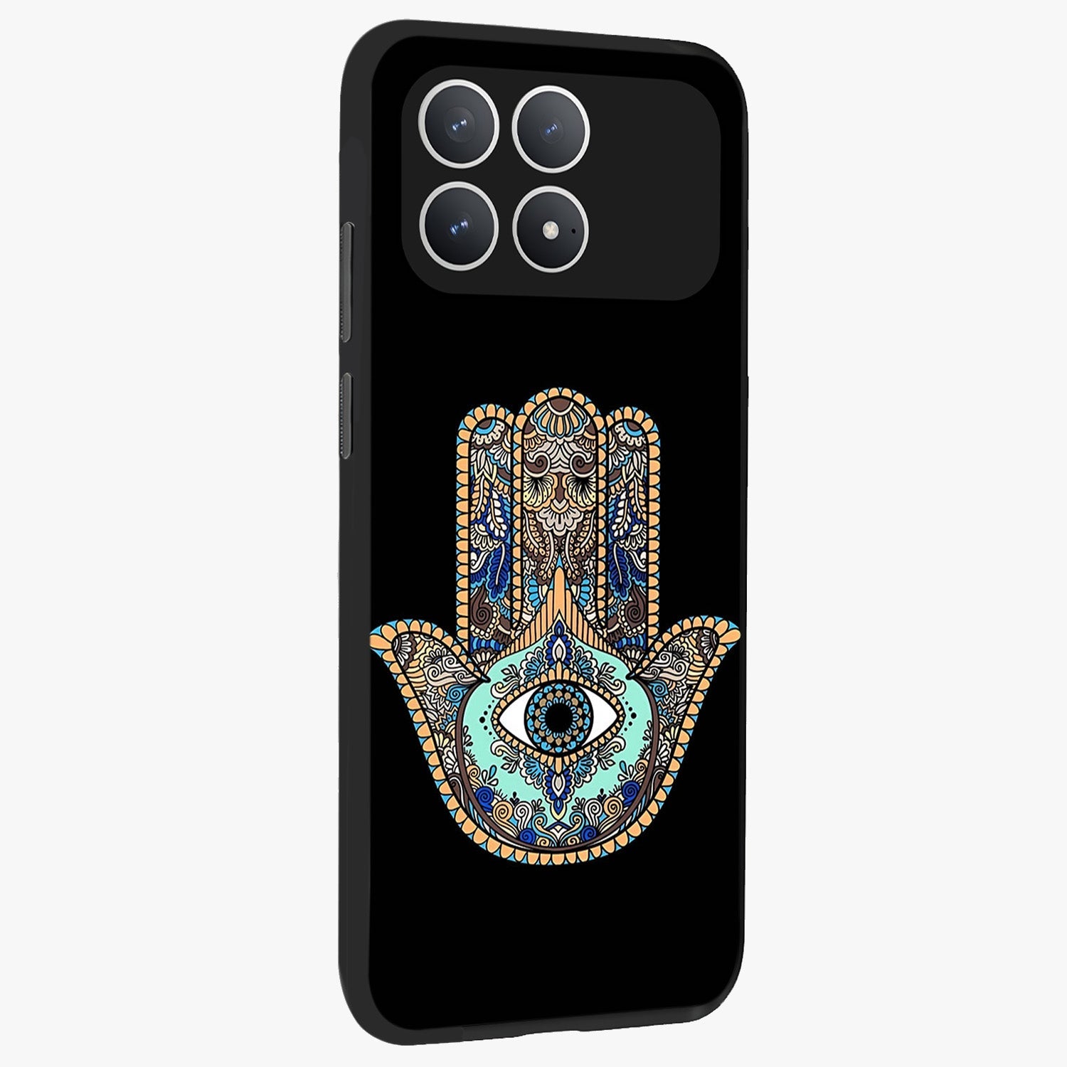 Mystic Hamsa Eye Glass Case upright view showcasing detailed hamsa eye artwork with protective spiritual theme.