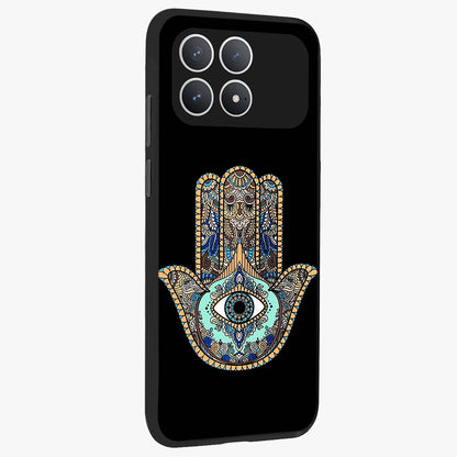 Mystic Hamsa Eye Glass Case upright view showcasing detailed hamsa eye artwork with protective spiritual theme.