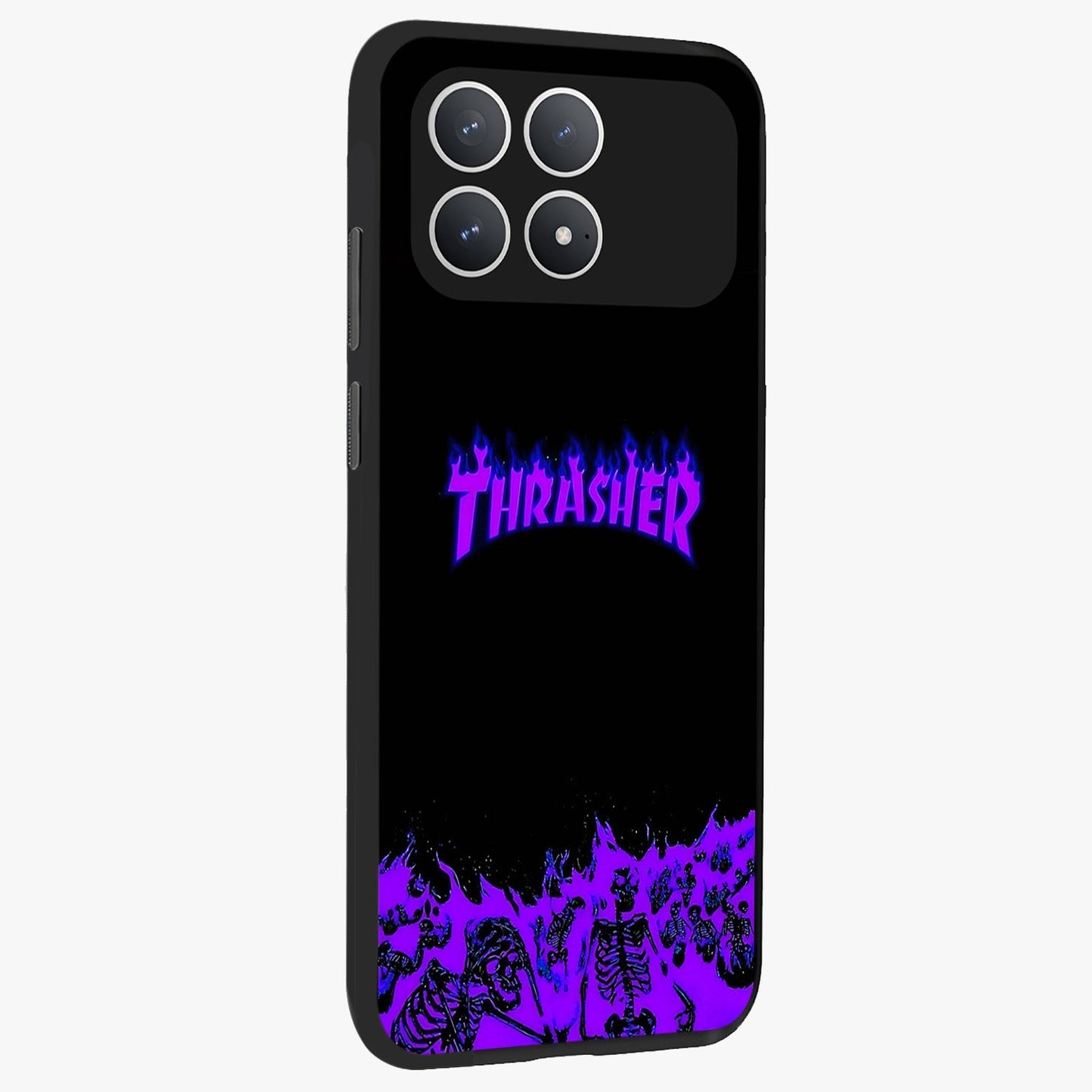 Neon Flame Riot Glass Case upright view showcasing dynamic flame artwork with energetic neon theme.