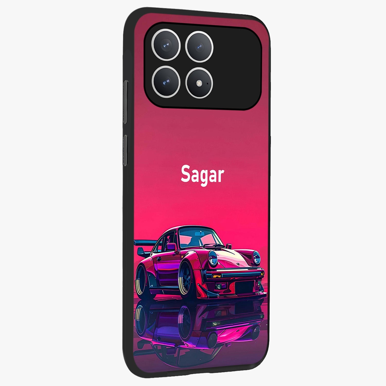 Neon Pink Porsche Glass Case upright view showcasing vibrant sports car artwork with bold automotive theme.