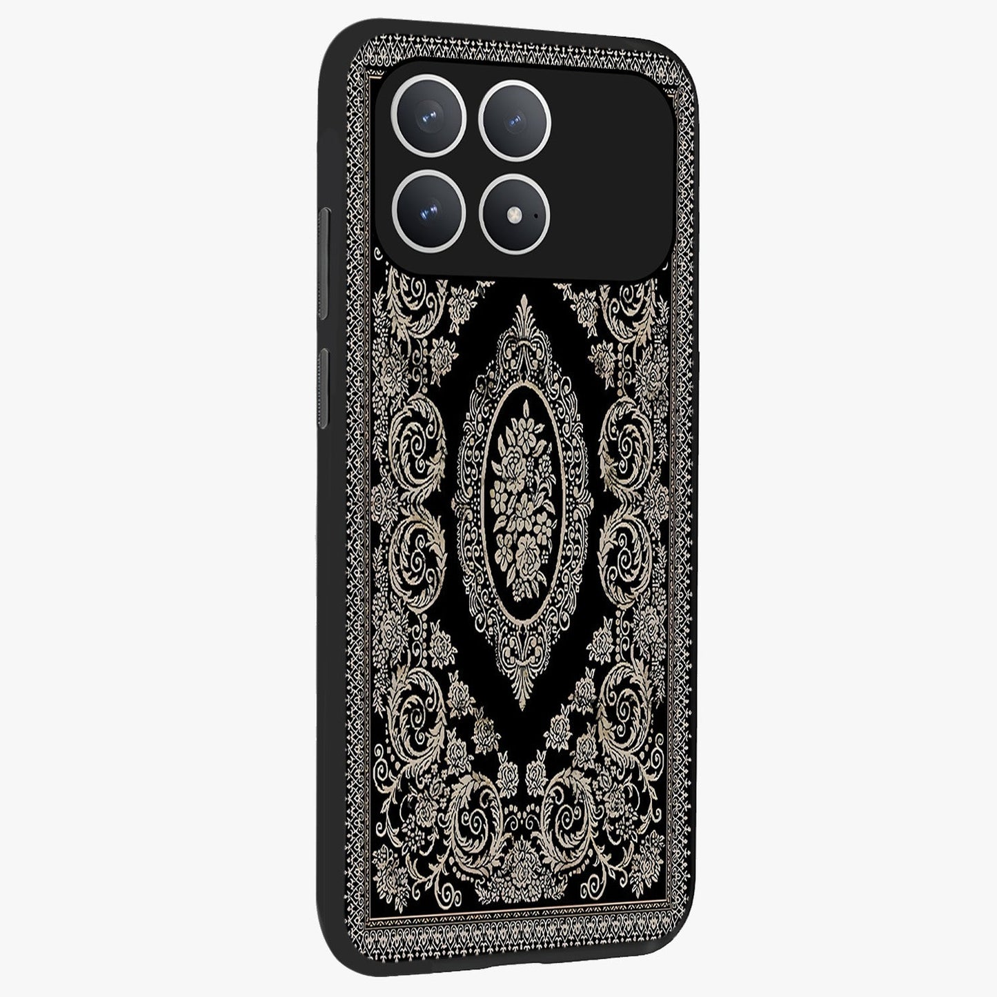 Noir Bloom Elegance Glass Case upright view showcasing graceful floral artwork with luxurious dark theme.