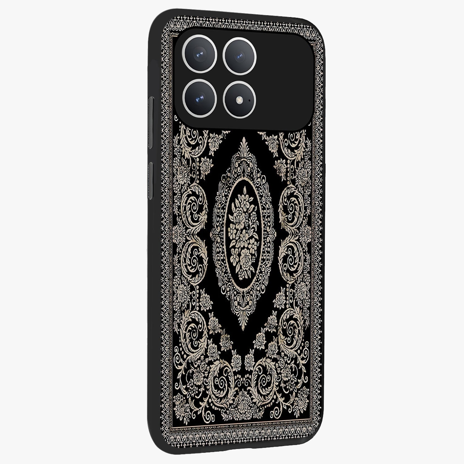 Noir Bloom Elegance Glass Case upright view showcasing graceful floral artwork with luxurious dark theme.