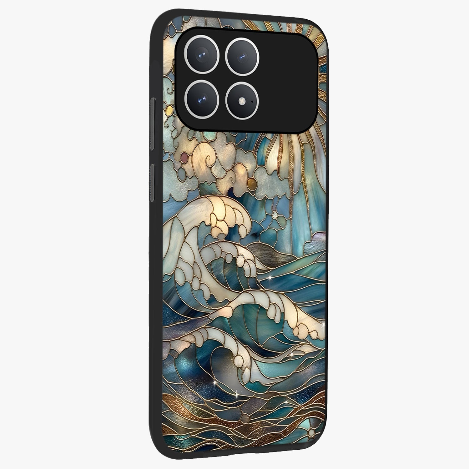 Oceanic Stained Printed Glass Case upright view showcasing decorative ocean pattern artwork with vibrant marine theme.