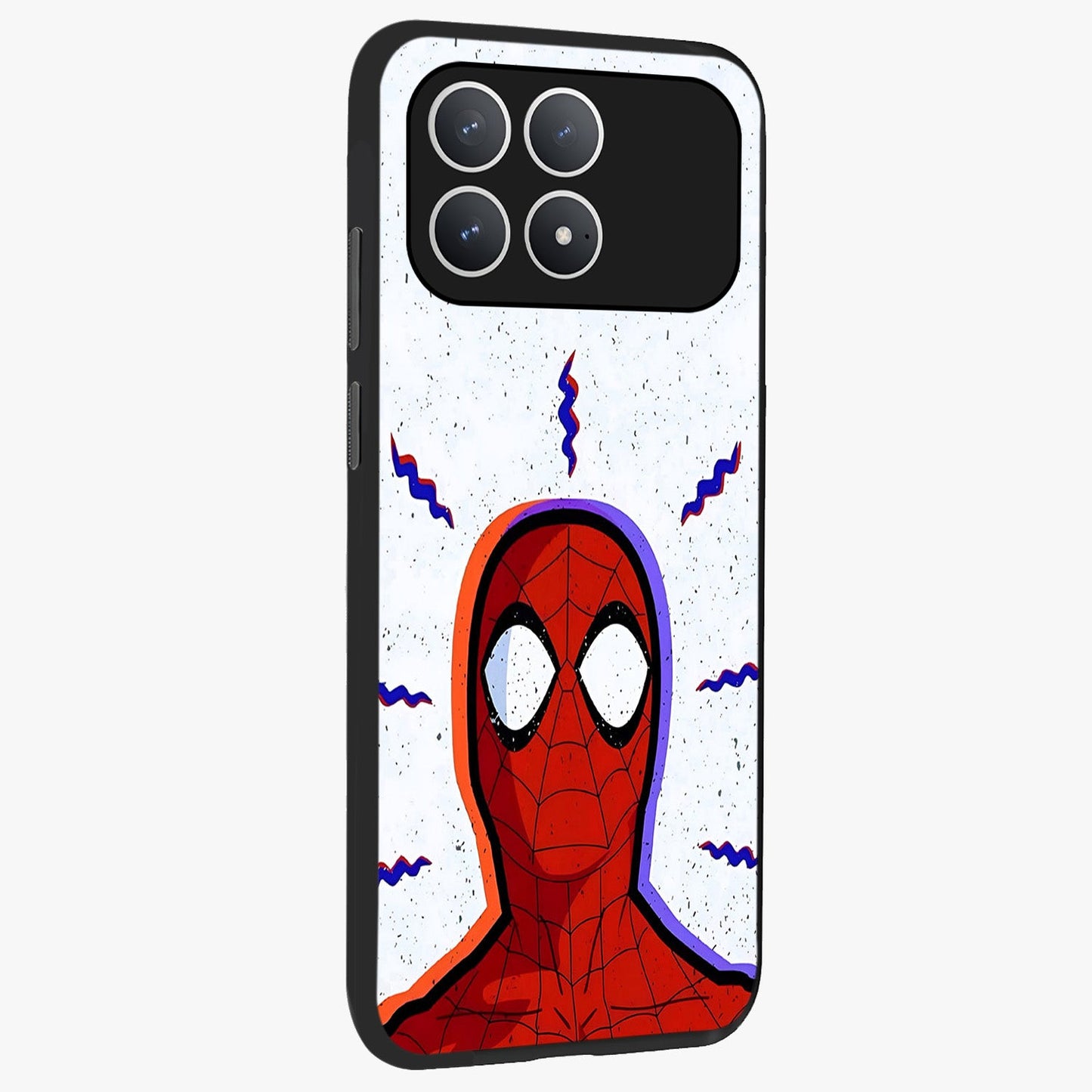 Omg Spiderman Glass Case upright view showcasing energetic superhero artwork with vibrant comic theme.