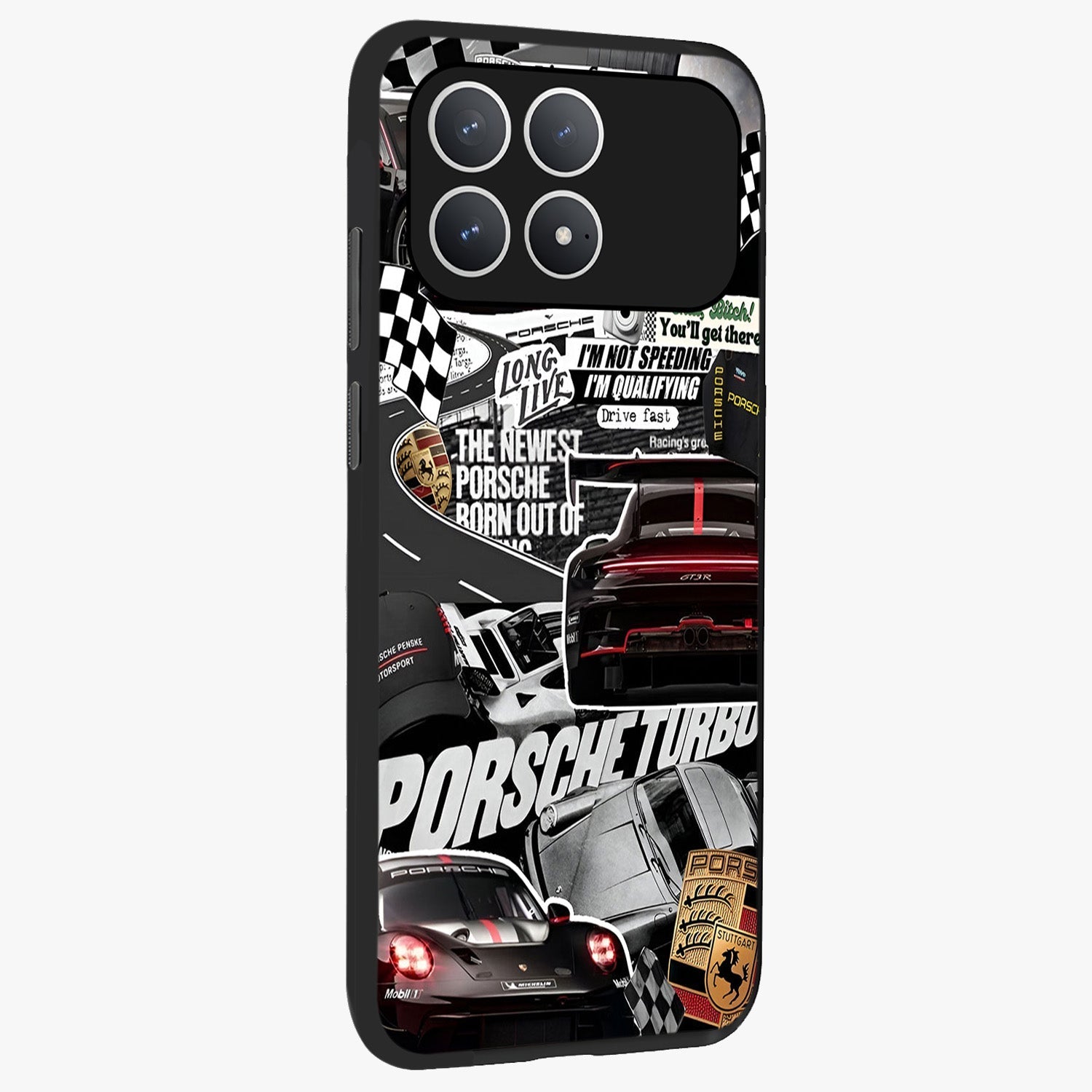 Porsche Racing Collage Glass Case upright view showcasing energetic car collage artwork with high speed racing theme.