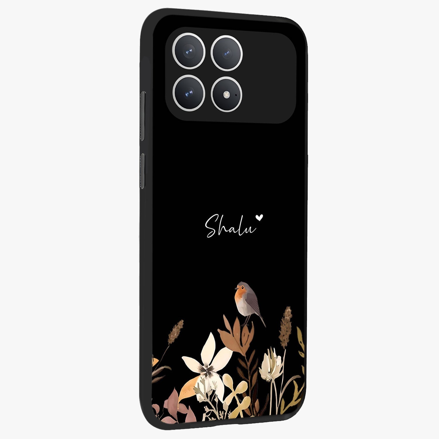 Quiet Garden Tune Custom Name Glass Case upright view showcasing serene botanical artwork with personalized aesthetic.
