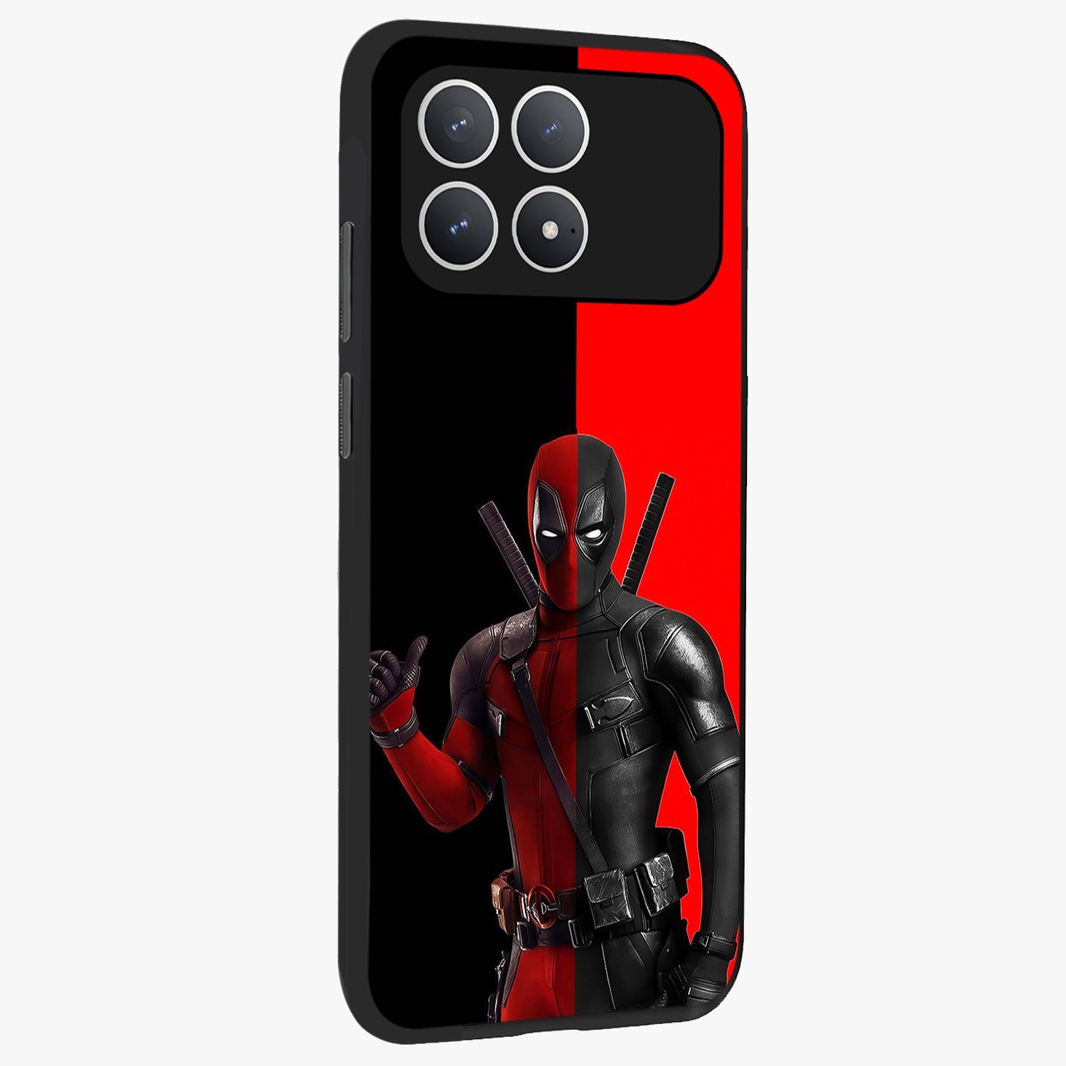 Red & Black Deadpool Theme Glass Case upright view showcasing energetic comic themed artwork with striking red and black design.