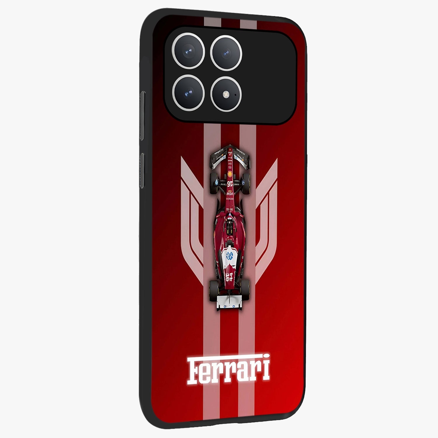 Red Ferrari F1 Vertical Glass Case upright view showcasing powerful Formula car artwork with dynamic motorsport theme.