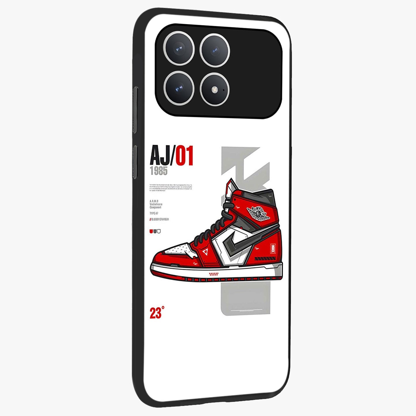 Retro Sneaker Blueprint Glass Case upright view showcasing stylish sneaker illustration with vintage streetwear theme.