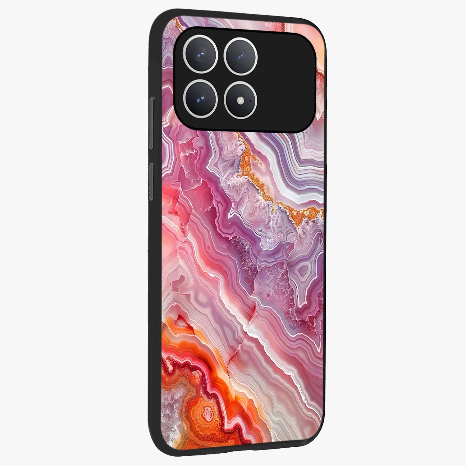 Rose Quartz Marble Glass Case upright view showcasing decorative marble artwork with luxurious pastel theme.