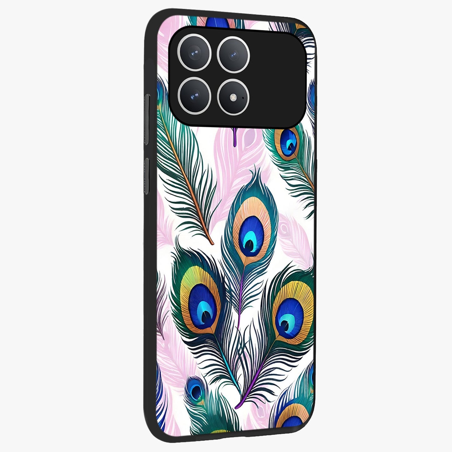 Royal Peacock Feathers Glass Case upright view showcasing elegant peacock feather artwork with decorative royal theme.