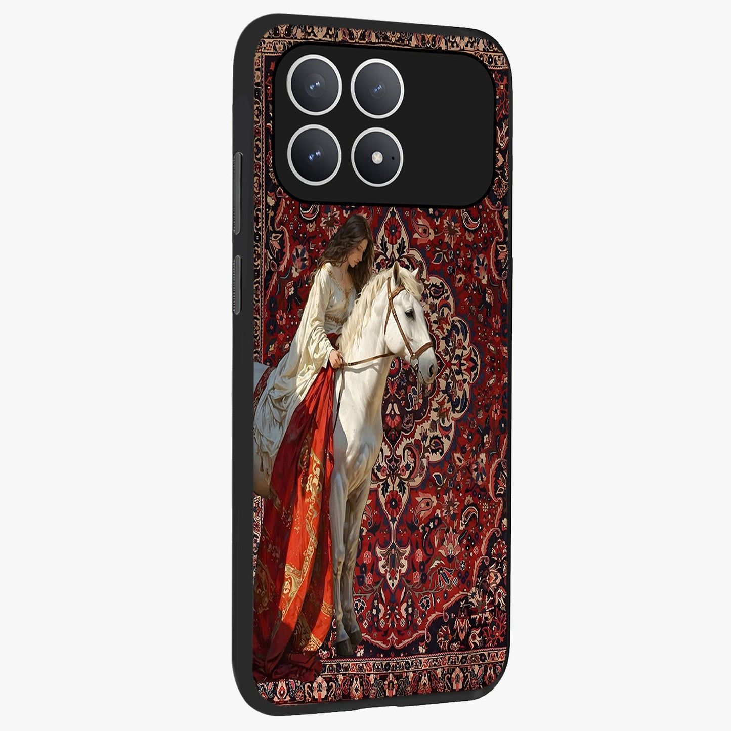 Royal Rider Tapestry Glass Case upright view showcasing detailed rider artwork with classic tapestry theme.