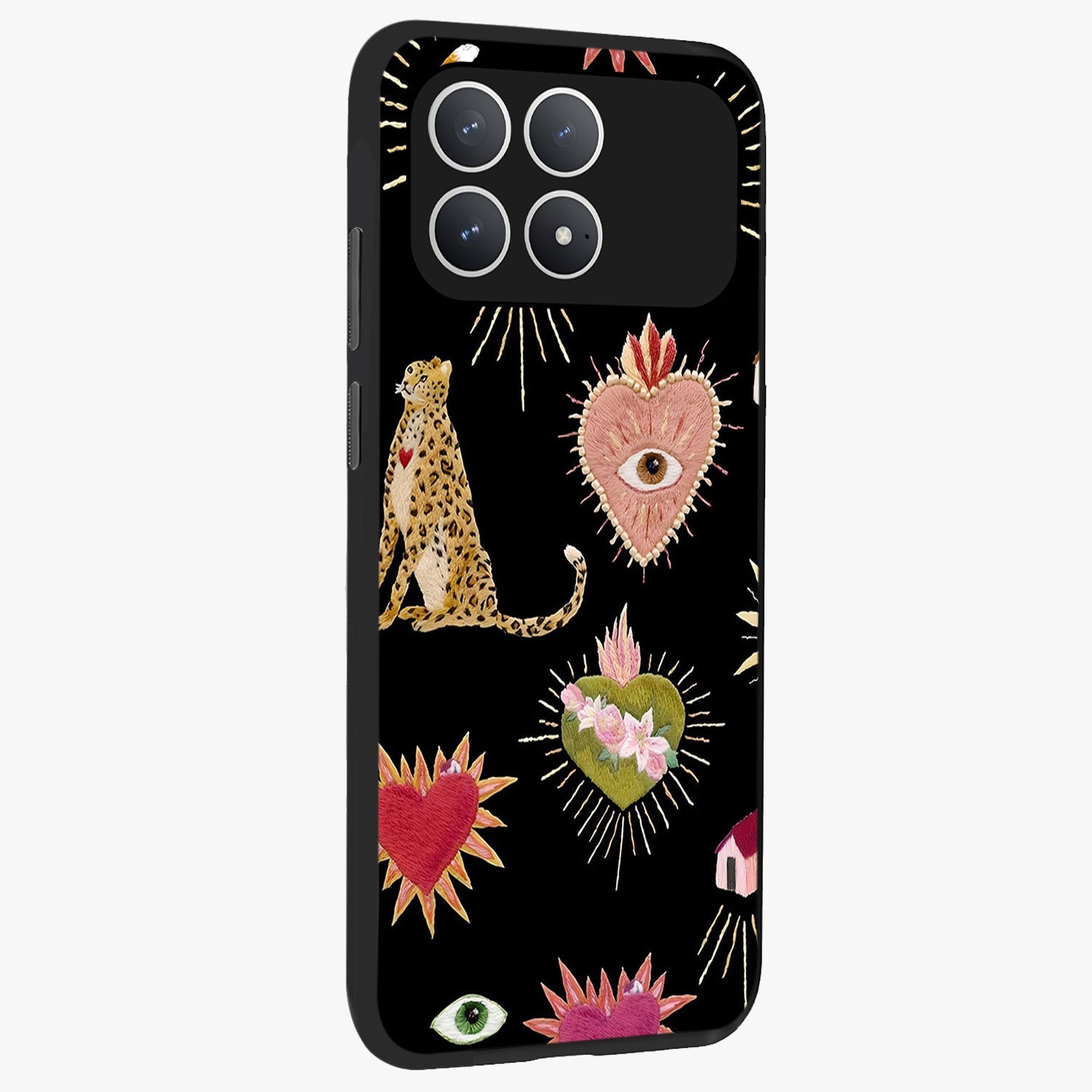 Sacred Jungle Heart Glass Case upright view showcasing vibrant jungle artwork with symbolic heart theme.