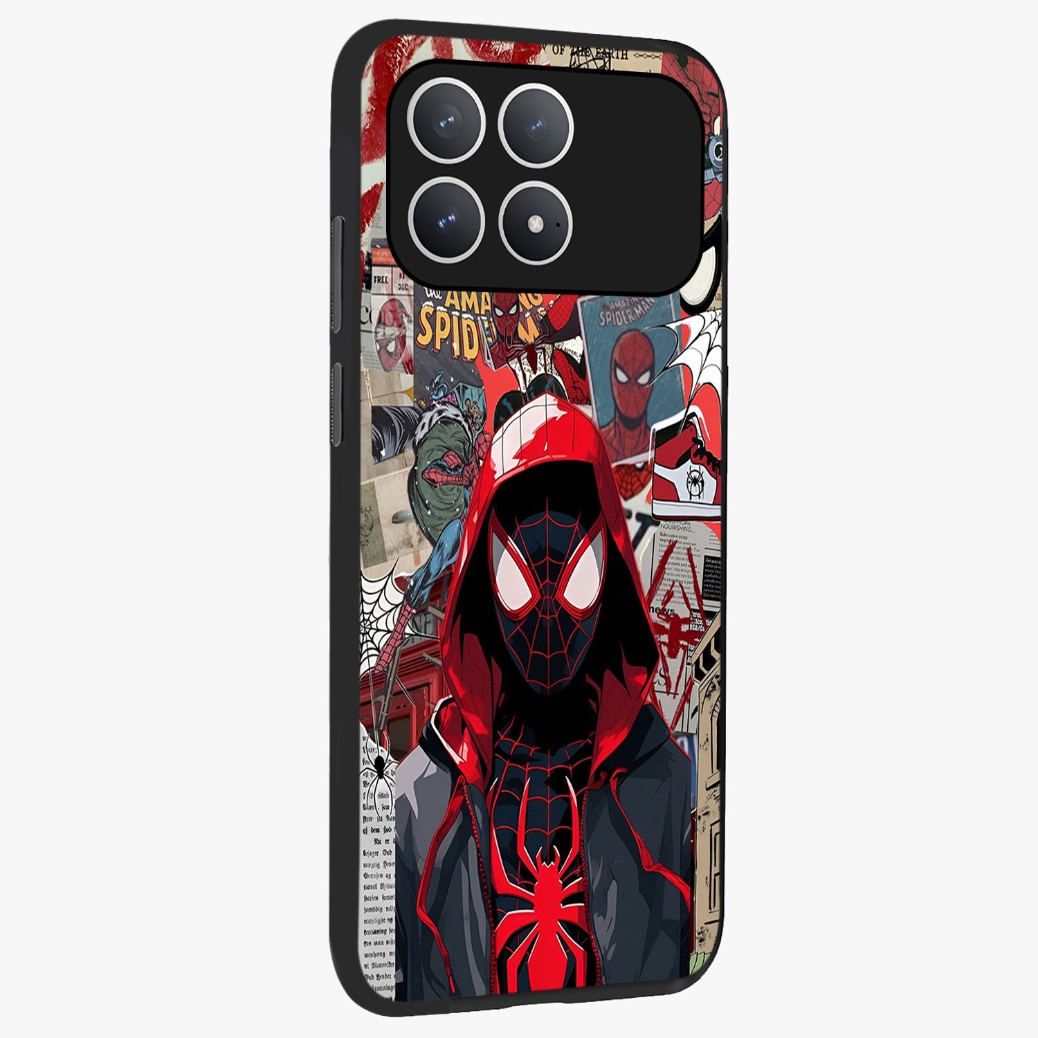 Spider Collage Street Glass Case upright view showcasing bold superhero artwork with urban street theme.