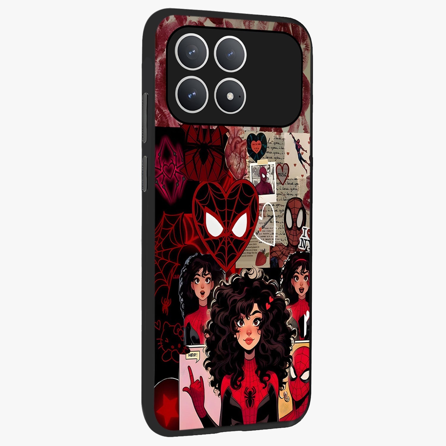 Spider Love Story Glass Case upright view showcasing charming superhero artwork with romantic comic theme.