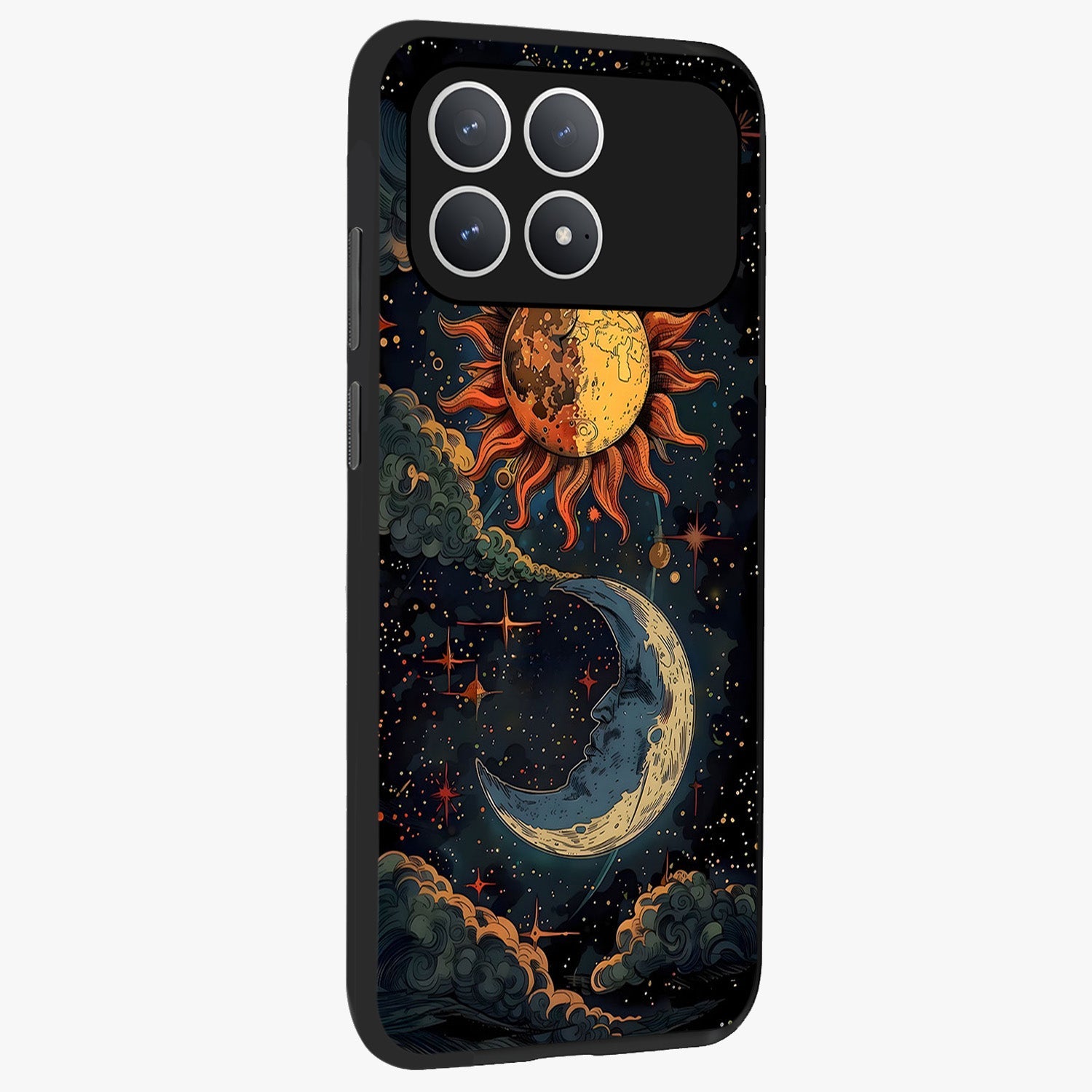 Sun And Moon Magic Design Glass Case upright view showcasing decorative sun and moon artwork with spiritual celestial theme.