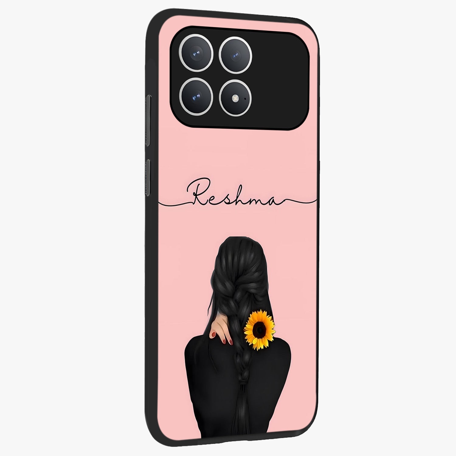 Sunflower Braid Beauty With Custom Name Glass Case upright view showcasing bright sunflower artwork with personalized floral aesthetic.