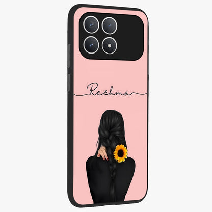 Sunflower Braid Beauty With Custom Name Glass Case upright view showcasing bright sunflower artwork with personalized floral aesthetic.
