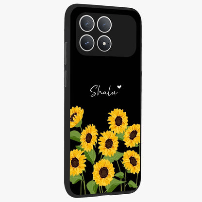 Sunflower Chic Mood Custom Name Glass Case upright view showcasing cheerful sunflower artwork with trendy floral theme.